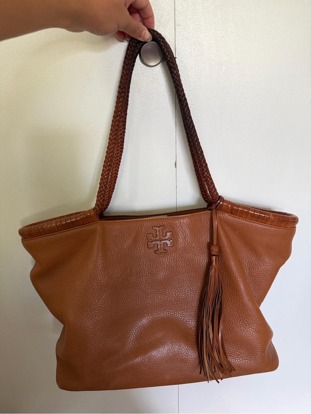Tory Burch Cognac Leather Tassel Tote with Braided Straps